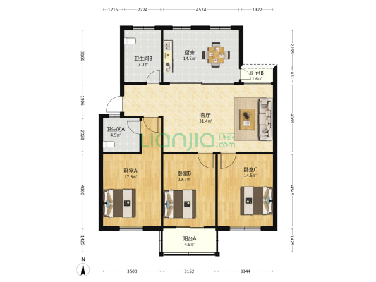 盖丰新居 3室1厅2卫 127平方