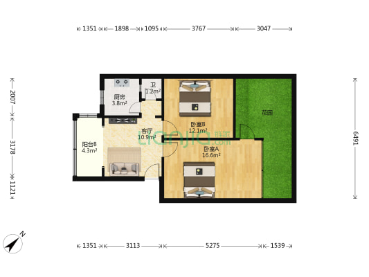 金鱼街64号 2室1厅1卫 54平方