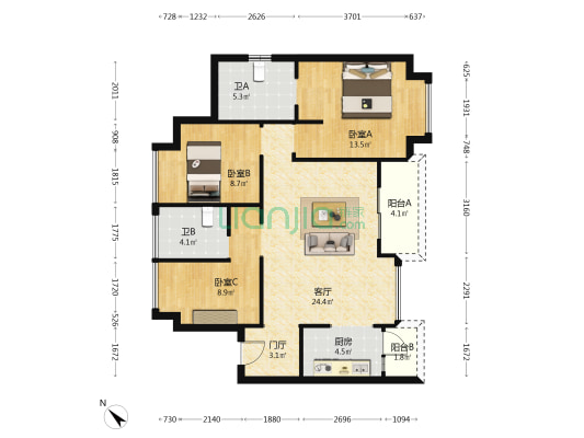 翠苑家园 3室1厅2卫 107平方