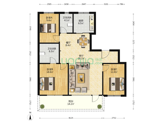 弗莱德建公元 3室2厅2卫 133平方
