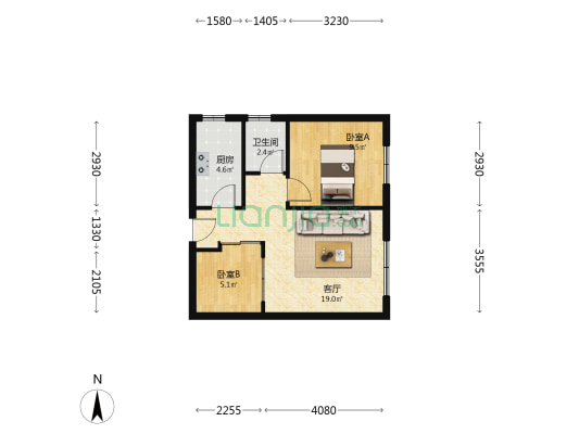冠云路，新加坡花园，小两居，明厨明卫，电梯房-户型图