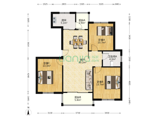 百盛花園北区 3室1厅1卫 106平方