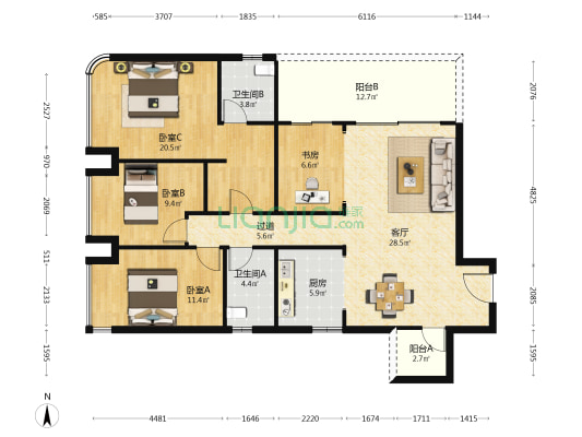 海成长江天玺 4室1厅2卫 134平方