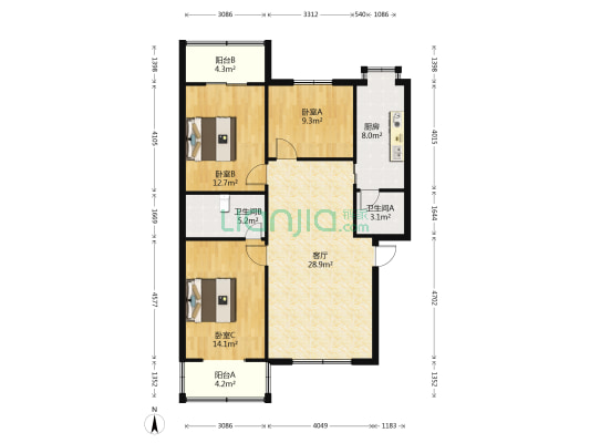 华通小区 3室1厅2卫 108平方