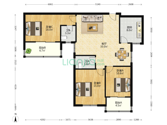 海南高速小区 3室1厅2卫 107平方