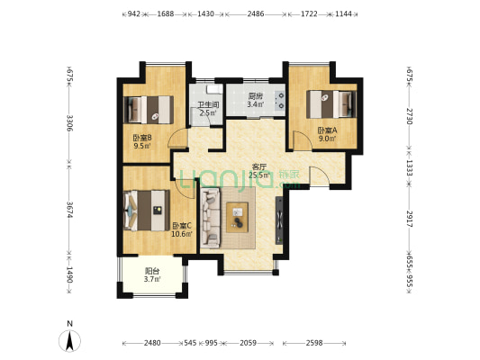 阳光馨苑 3室1厅1卫 87平方