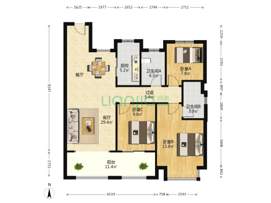 新城公馆 3室1厅2卫 122平方