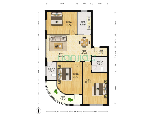 梧振东路318号 3室2厅2卫 124平方