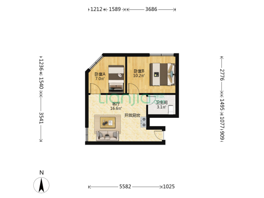内江大厦 2室1厅1卫 64平方