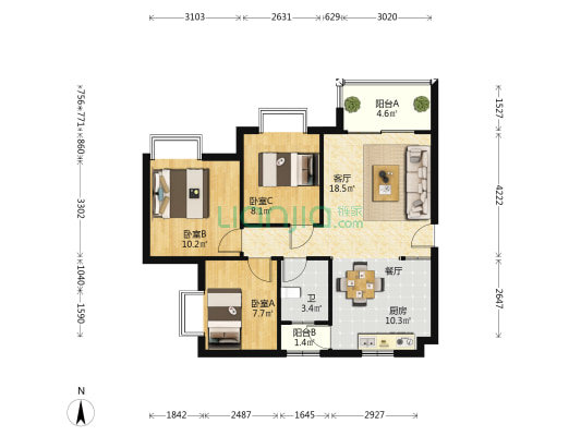 大都家园 3室1厅1卫 90平方