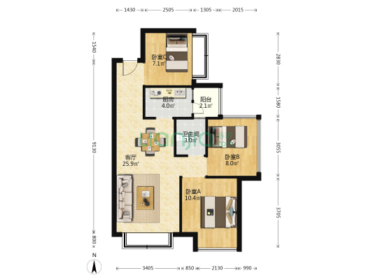 铜锣湾仁和毛坯房，三室两厅一卫，面积80.34平-户型图