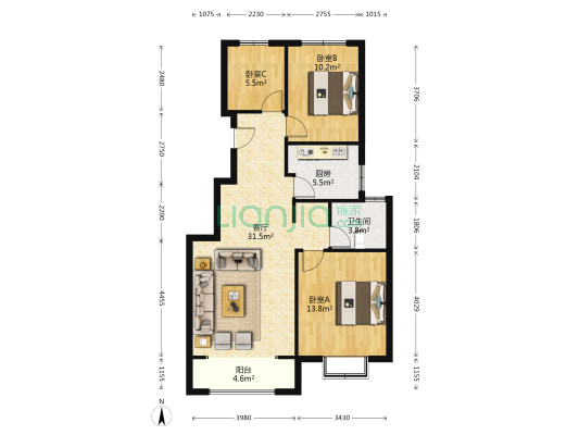 香邑溪谷悦都小区 3室1厅 南 北-户型图