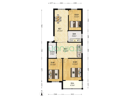 钟山山庄 3室2厅1卫 89平方