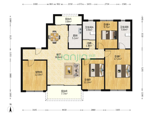 碧桂园芙蓉台 3室1厅2卫 142平方