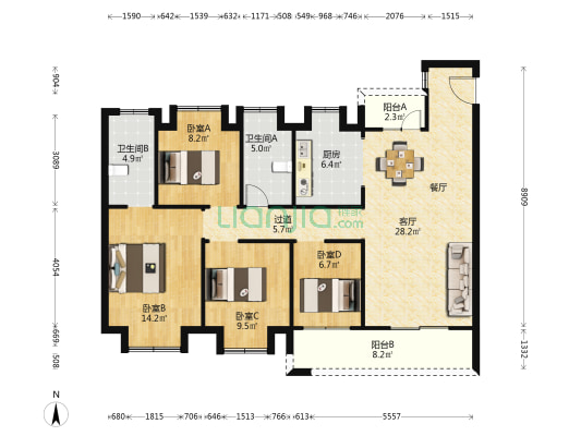 武汉国际社区B4地块 4室1厅2卫 129平方