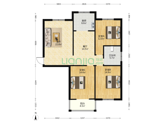 万家花城 3室2厅1卫 125平方