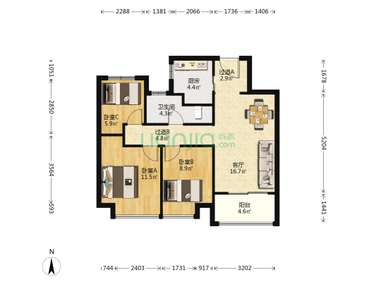 龙湖天钜 3室1厅1卫 89平方