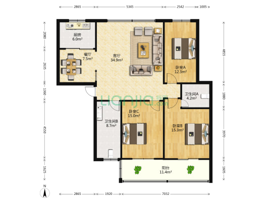 沿江北大道509号 3室2厅2卫 144平方
