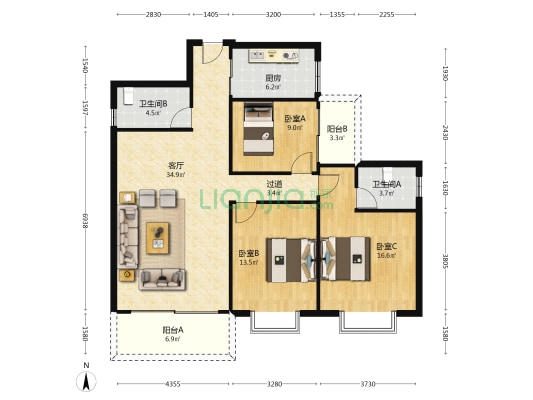 滨河花园 3室1厅2卫 126平方