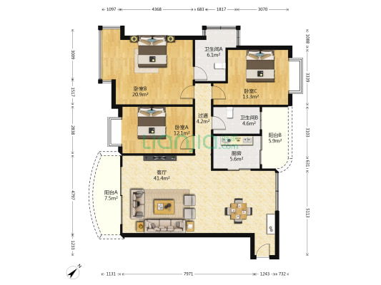 龙泉家园 3室1厅2卫 141平方