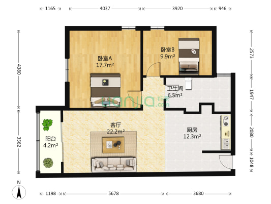 华远大厦 2室1厅1卫 83平方