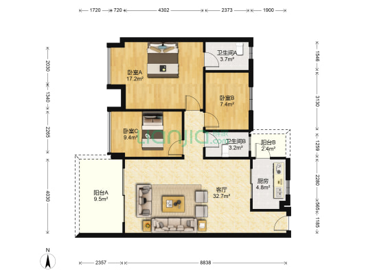 东瀚-云尚四季 3室1厅2卫 107平方