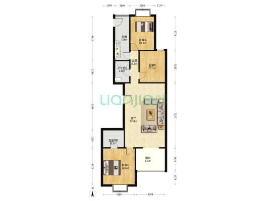 北方明珠小区 3室1厅2卫 131平方