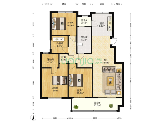 金桥花园 3室1厅1卫 132平方
