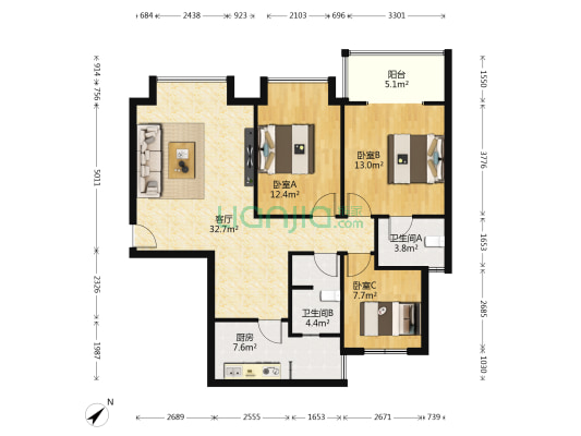新雨香沁 3室1厅2卫 103平方