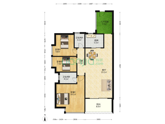 国兆嘉润大厦 3室1厅2卫 114平方