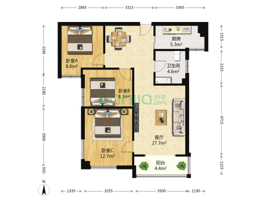 新芒果春天苑 3室1厅1卫 84平方