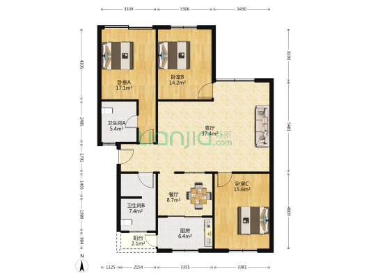 玫瑰园四公寓北区 3室2厅2卫 135平方