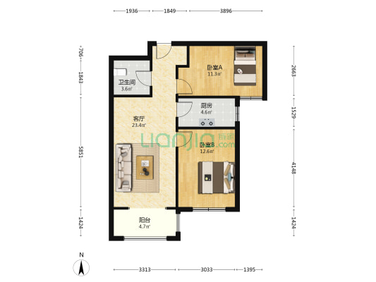 牛津花园 朝南两居 采光视野无遮挡 有装修-户型图