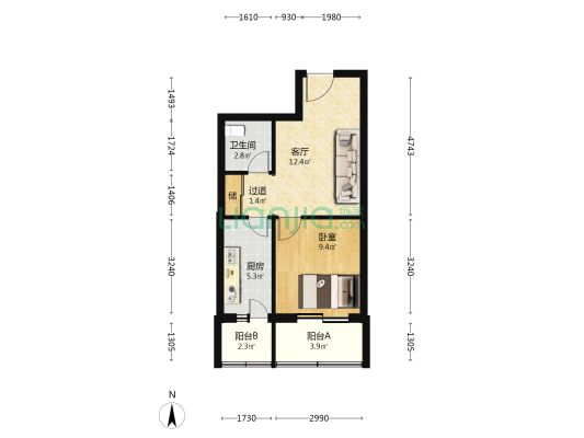 德外大街12号院 1室1厅1卫 46平方