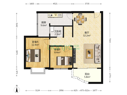 天越雅园 2室1厅1卫 86平方