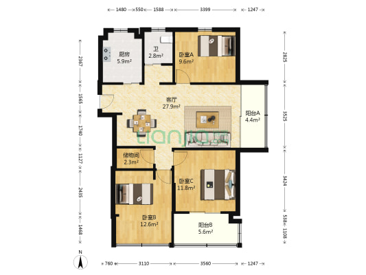 中海国际社区四期 3室1厅1卫 103平方