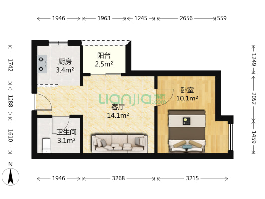 纳米爱邸 1室1厅1卫 45平方