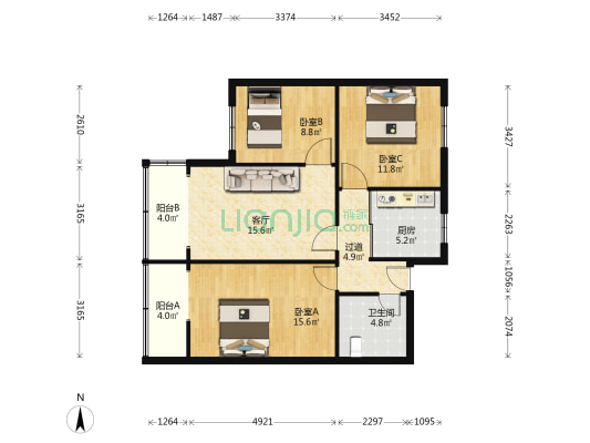 民生里 3室1厅1卫 89平方
