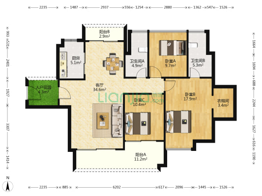 欧亚公馆 3室1厅2卫 127平方