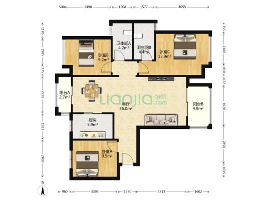 金地格林公馆 3室1厅2卫 115平方