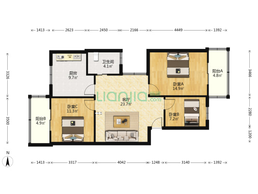 大路商住楼 3室1厅1卫 90平方