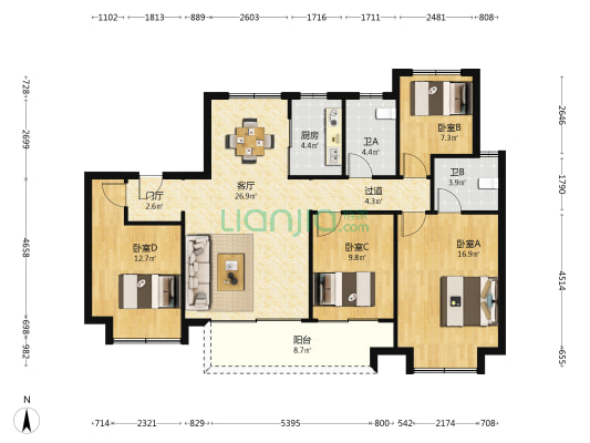 天健云麓府 4室1厅2卫 130平方