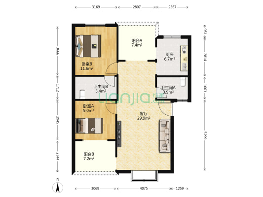 同升苑2期 2室1厅2卫 90平方