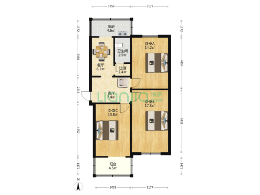 省体委宿舍 3室2厅1卫 87平方