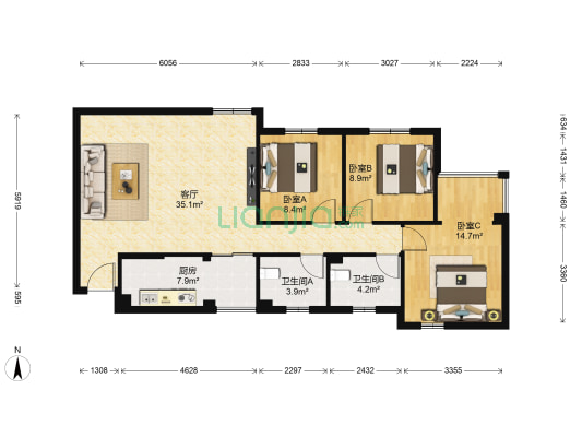 复兴嘉苑 3室1厅2卫 106平方