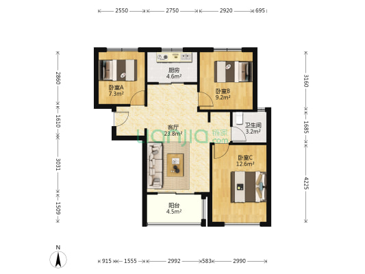 万科大都会铂悦苑 3室1厅1卫 89平方