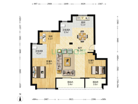亿宁风景里一期 3室1厅2卫 104平方