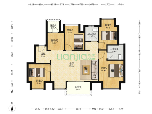 东原月印万川 4室1厅2卫 98平方
