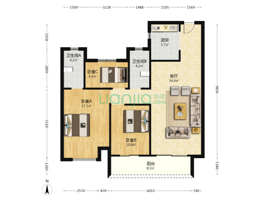 金悦香溪 3室1厅2卫 109平方