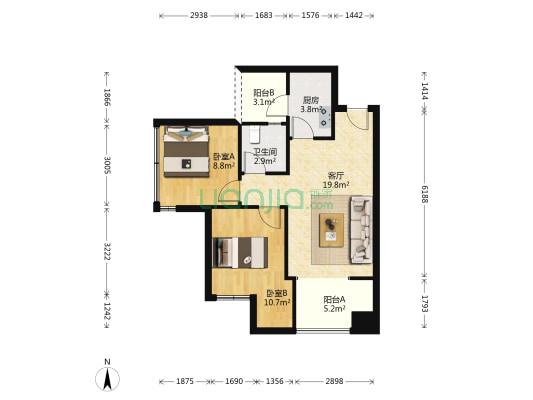 朗基少东家 2室1厅1卫 64平方